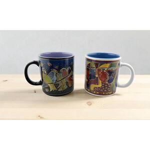 LAUREL BURCH "Wine Things" Sonoma CA Ceramic Coffee Mugs Set of 2 Early 2000s